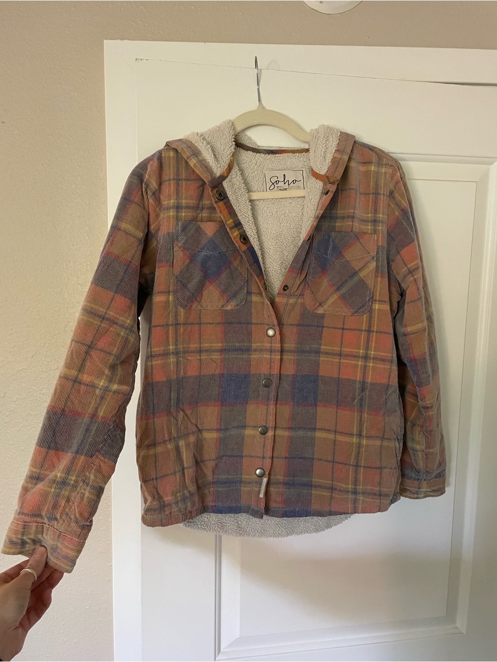 Soho Plaid Sherpa-Lined Hooded Shacket in Rust, Blue, Mustard